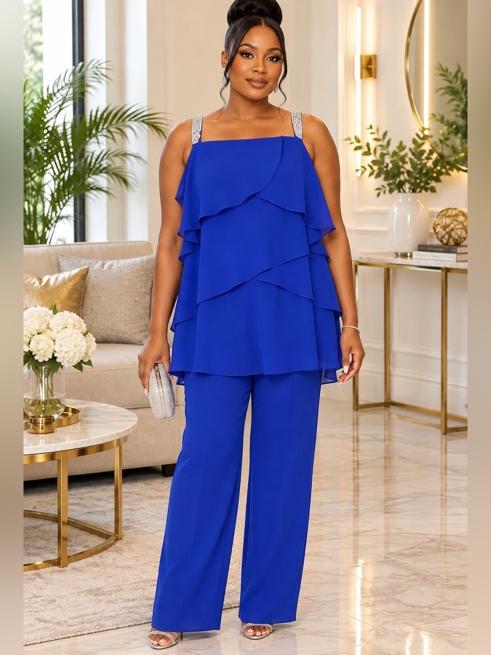 R&M Richards Royal Blue Ruffled Two-Piece Dress with Embellished Straps